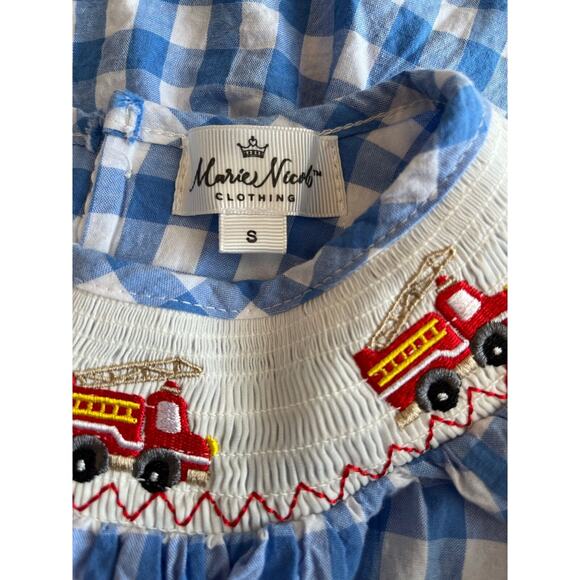 MARIE NICOLE | Smocked Fire Truck Embroidered Blue & White Gingham Dress Size 2T - Picture 6 of 8